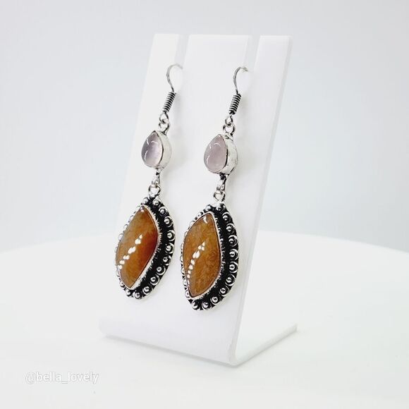 Jasper Rose Quartz Handmade Drop Dangle Earrings Jewelry 2.6" - Picture 1 of 11